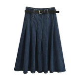 Jupe longue plissée bleu uni à taille haute et coutures haut de gamme
